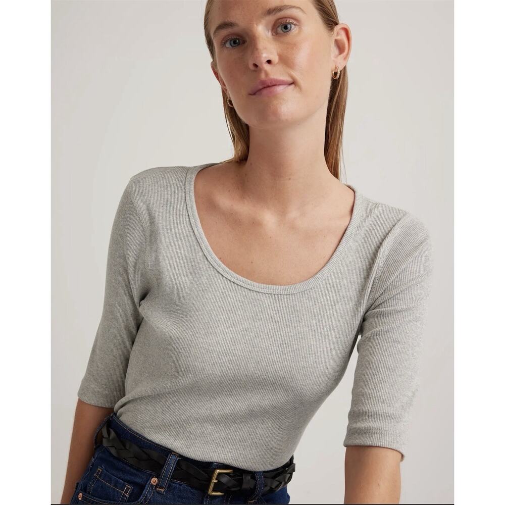 NWOT Quince Organic Cotton Micro-Rib Elbow Sleeve Tee XS Heather Grey Minimalist - Picture 3 of 8
